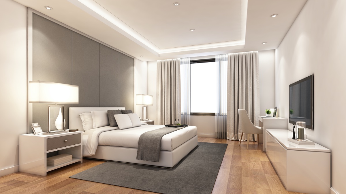 3d,Rendering,Modern,Bedroom,Suite,In,Hotel,With,Tv,And